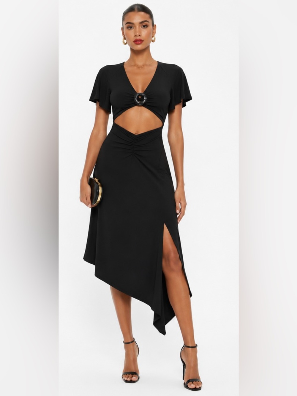 WeWoreWhat Cut Out Asymmetrical Dress with Rosette Detail in Black